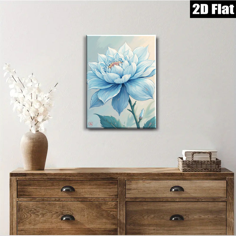 2D flat 1pc Blue Dahlia Botanical Flower Wall Art Decor Living Room Bedroom Modern Farmhouse Canvas Prints Cozy Aesthetic Gallery Wrapped Timeless