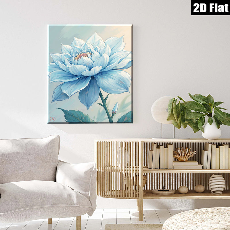 2D flat 1pc Blue Dahlia Botanical Flower Wall Art Decor Living Room Bedroom Modern Farmhouse Canvas Prints Cozy Aesthetic Gallery Wrapped Timeless