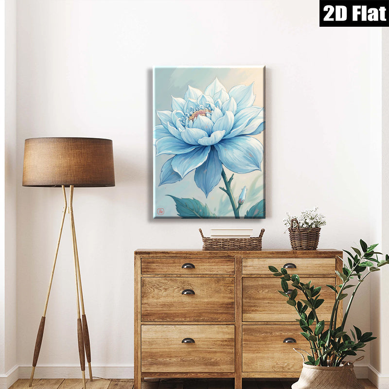 2D flat 1pc Blue Dahlia Botanical Flower Wall Art Decor Living Room Bedroom Modern Farmhouse Canvas Prints Cozy Aesthetic Gallery Wrapped Timeless