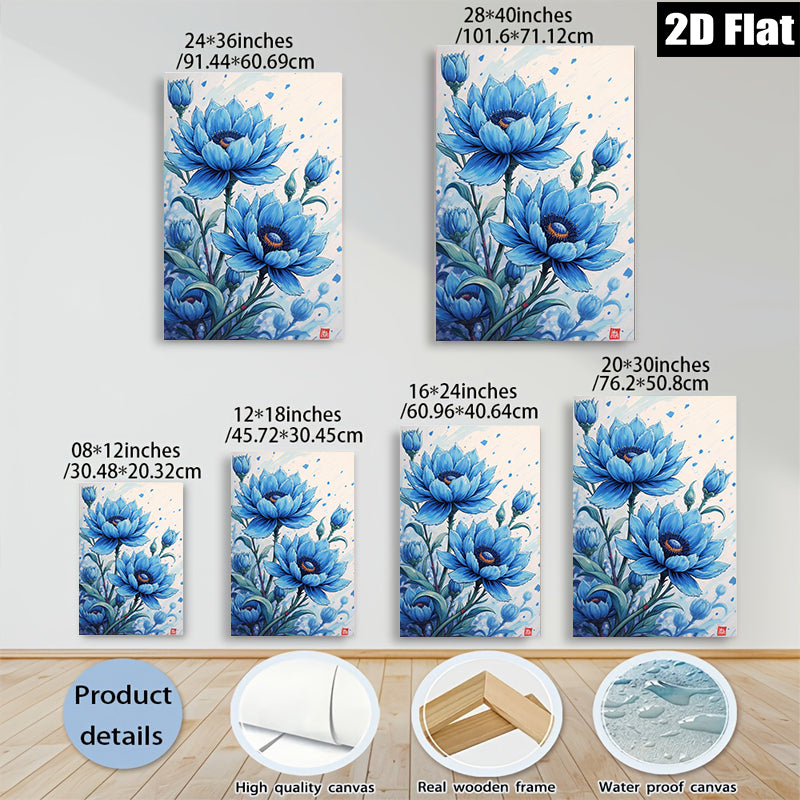 2D flat 1pc Blue Floral Botanical Wall Art Delicate Blooms Living Room Bedroom Decor Farmhouse Style Gallery Wrapped Canvas Prints Modern Home Accents
