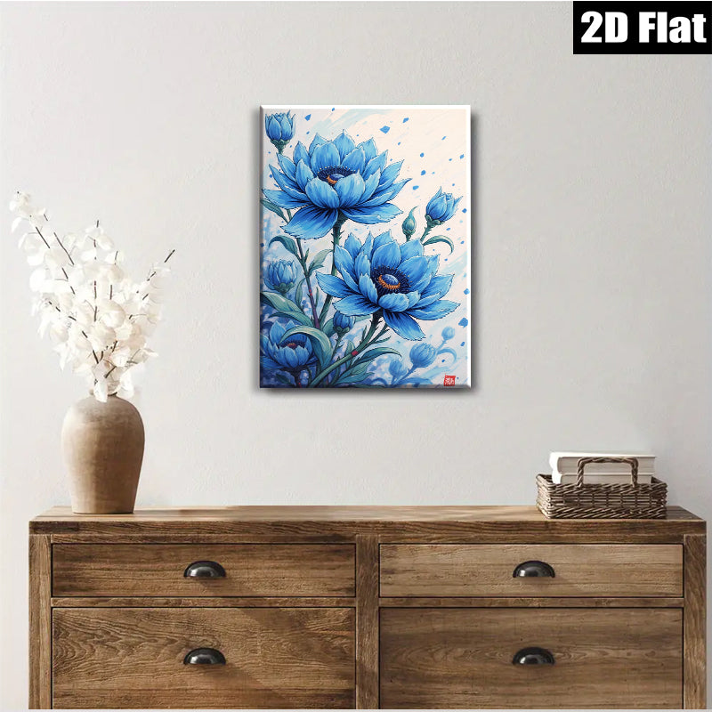 2D flat 1pc Blue Floral Botanical Wall Art Delicate Blooms Living Room Bedroom Decor Farmhouse Style Gallery Wrapped Canvas Prints Modern Home Accents