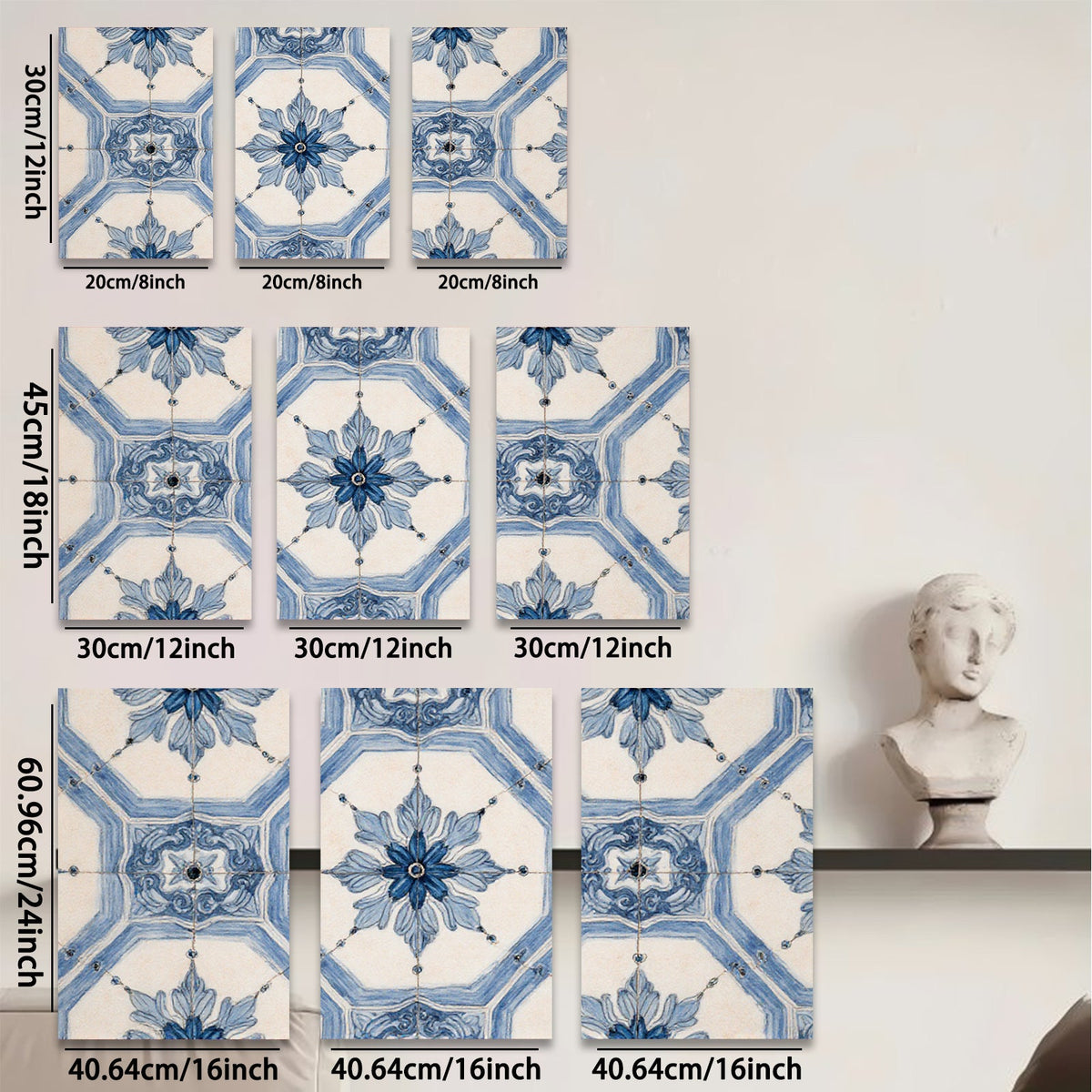 2D flat 1pc Blue Floral Geometric Pattern Wall Art Decor for Living Room Bedroom Home Office Gallery Wrapped Canvas Prints Modern Farmhouse Style
