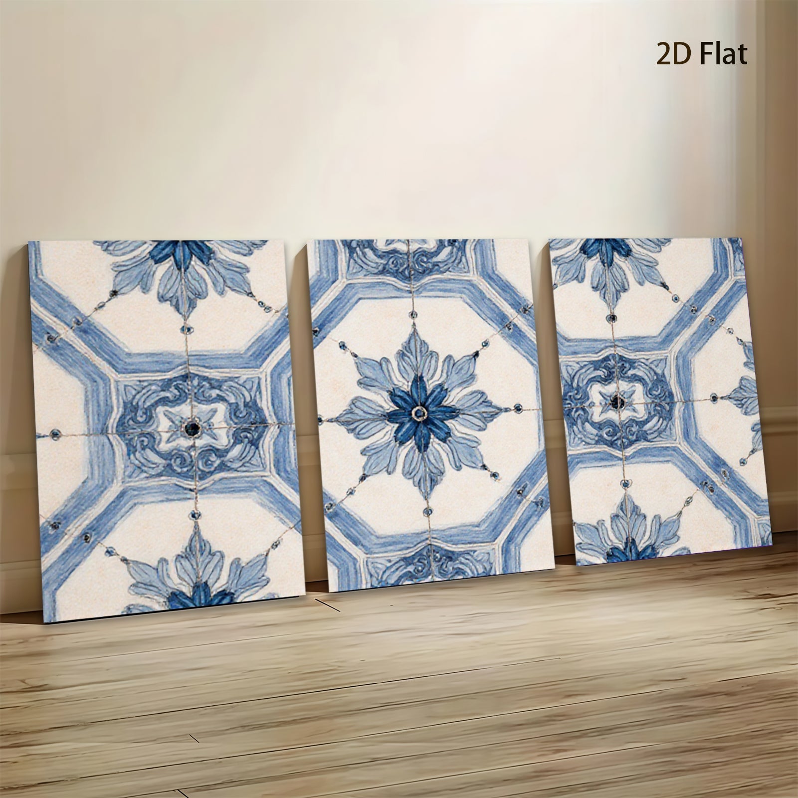 2D flat 1pc Blue Floral Geometric Pattern Wall Art Decor for Living Room Bedroom Home Office Gallery Wrapped Canvas Prints Modern Farmhouse Style