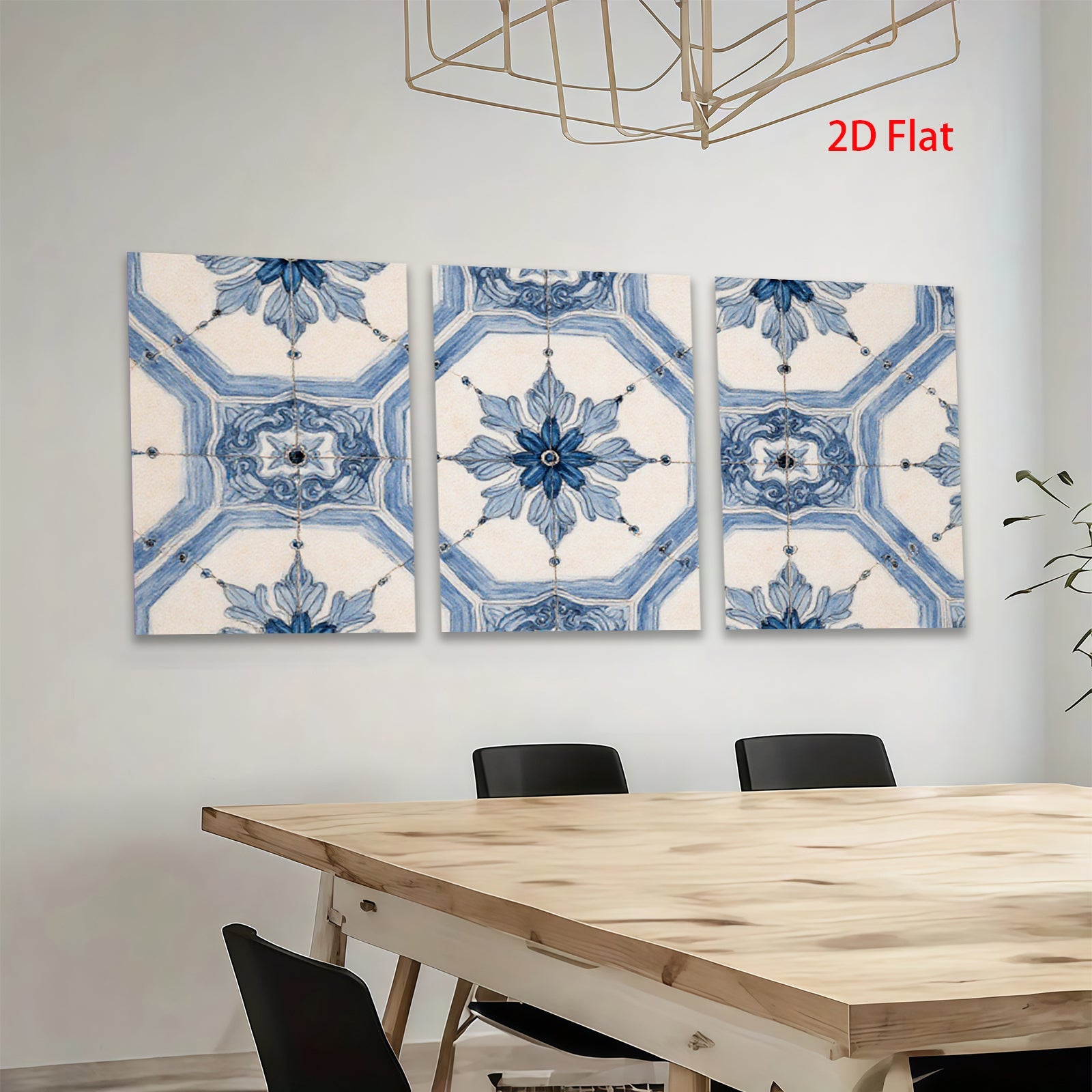 2D flat 1pc Blue Floral Geometric Pattern Wall Art Decor for Living Room Bedroom Home Office Gallery Wrapped Canvas Prints Modern Farmhouse Style