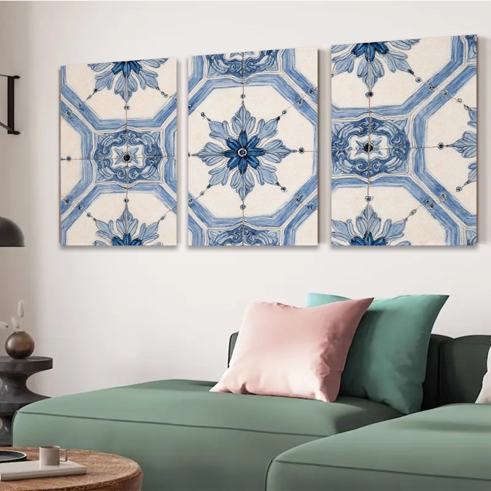2D flat 1pc Blue Floral Geometric Pattern Wall Art Decor for Living Room Bedroom Home Office Gallery Wrapped Canvas Prints Modern Farmhouse Style