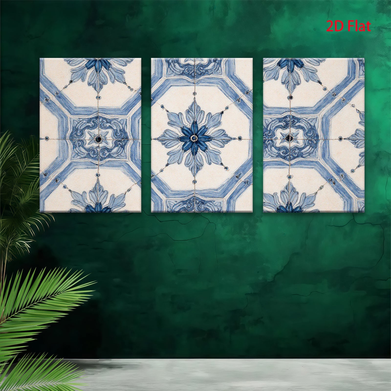 2D flat 1pc Blue Floral Geometric Pattern Wall Art Decor for Living Room Bedroom Home Office Gallery Wrapped Canvas Prints Modern Farmhouse Style