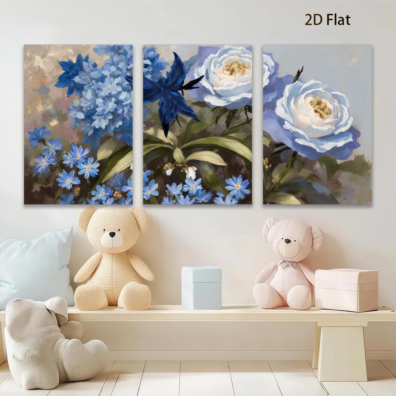 2D flat 1pc Blue Hydrangea Rose Botanical Wall Art Floral Home Decor Living Room Bedroom Office Canvas Prints Ready to Hang Modern Farmhouse Style