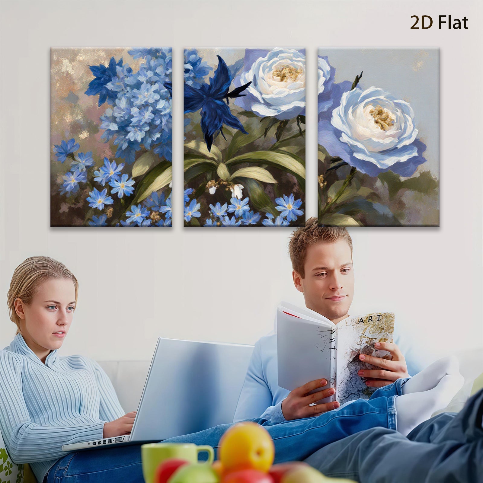 2D flat 1pc Blue Hydrangea Rose Botanical Wall Art Floral Home Decor Living Room Bedroom Office Canvas Prints Ready to Hang Modern Farmhouse Style