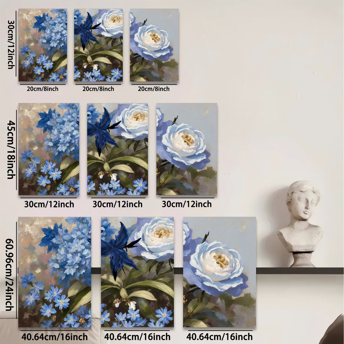 2D flat 1pc Blue Hydrangea Rose Botanical Wall Art Floral Home Decor Living Room Bedroom Office Canvas Prints Ready to Hang Modern Farmhouse Style