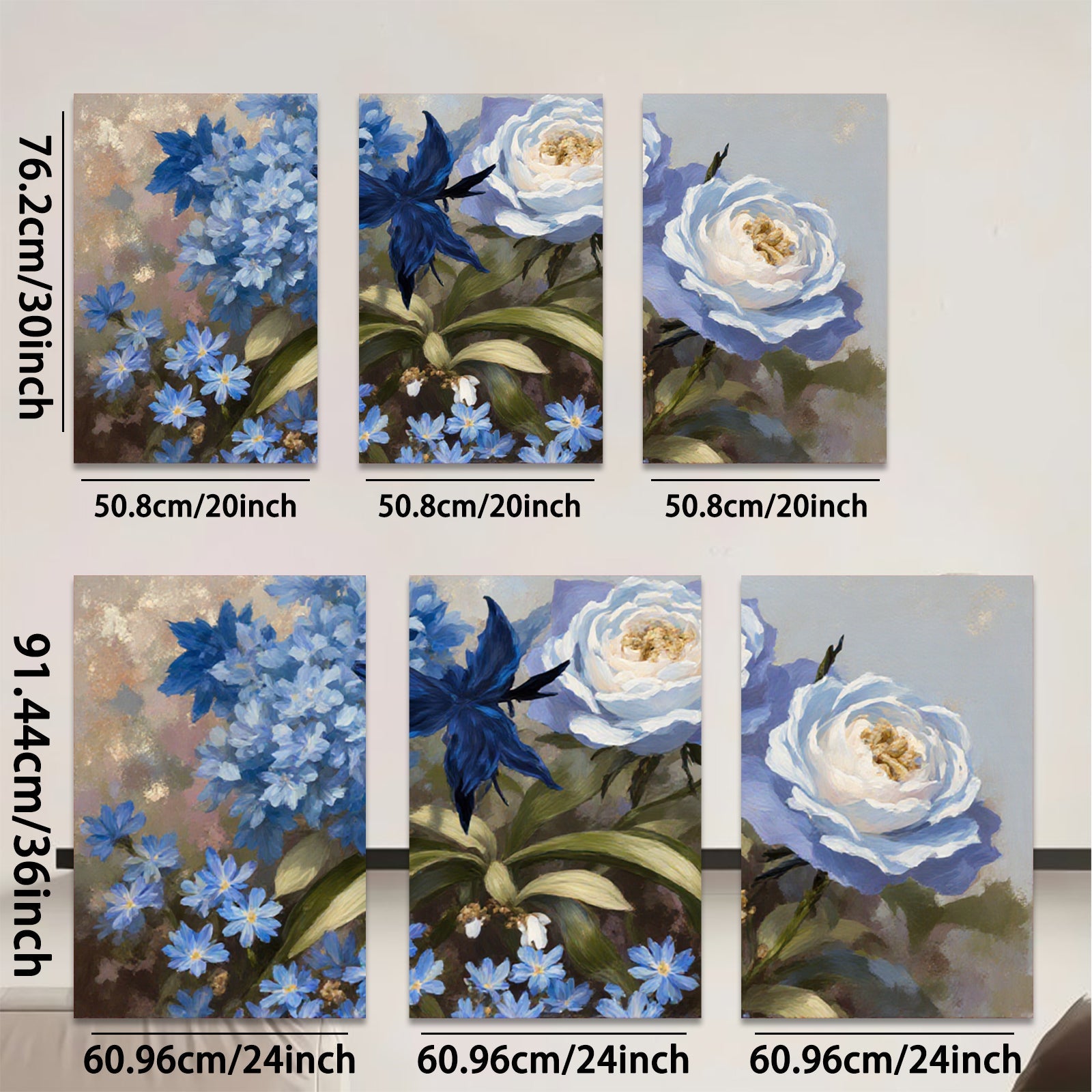 2D flat 1pc Blue Hydrangea Rose Botanical Wall Art Floral Home Decor Living Room Bedroom Office Canvas Prints Ready to Hang Modern Farmhouse Style