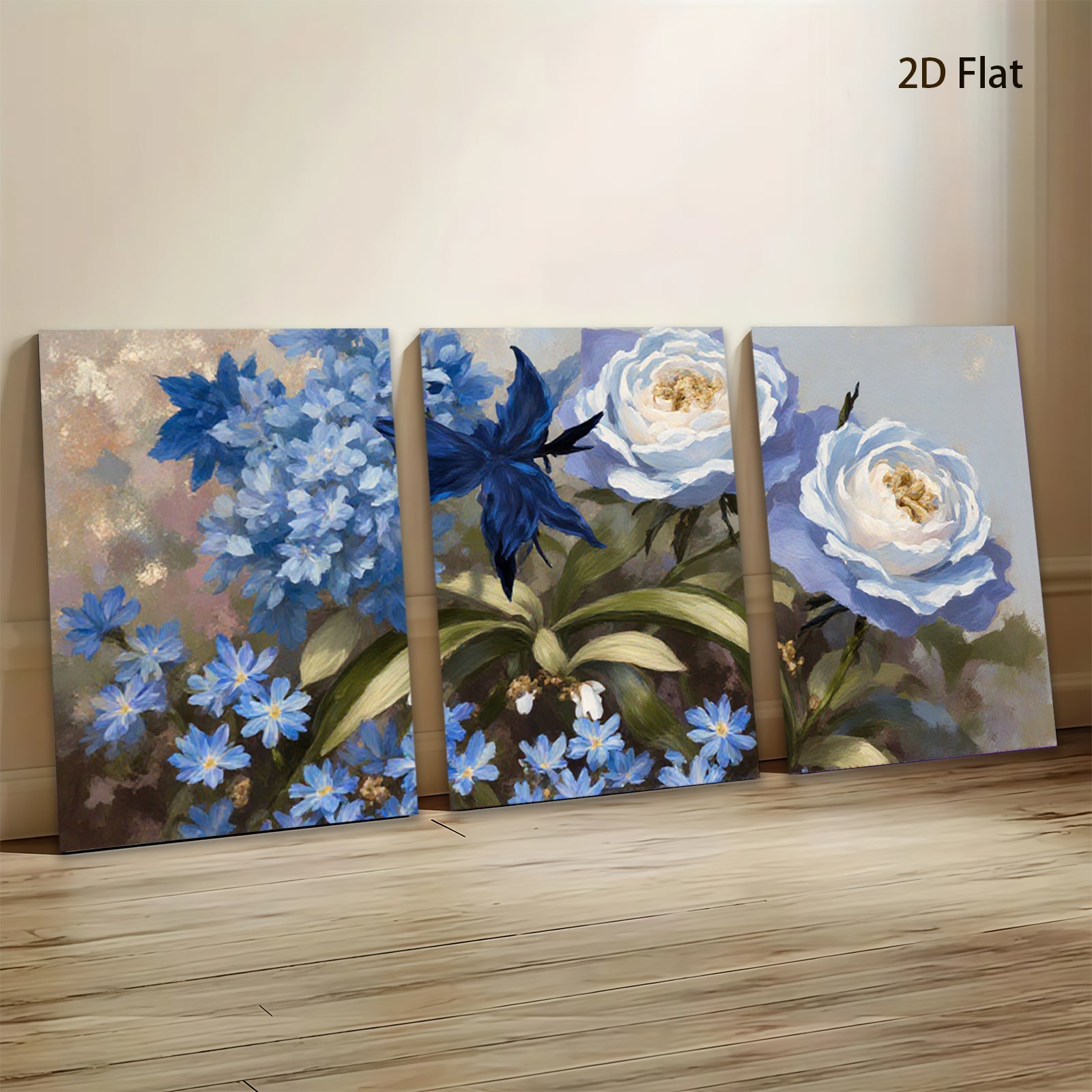 2D flat 1pc Blue Hydrangea Rose Botanical Wall Art Floral Home Decor Living Room Bedroom Office Canvas Prints Ready to Hang Modern Farmhouse Style