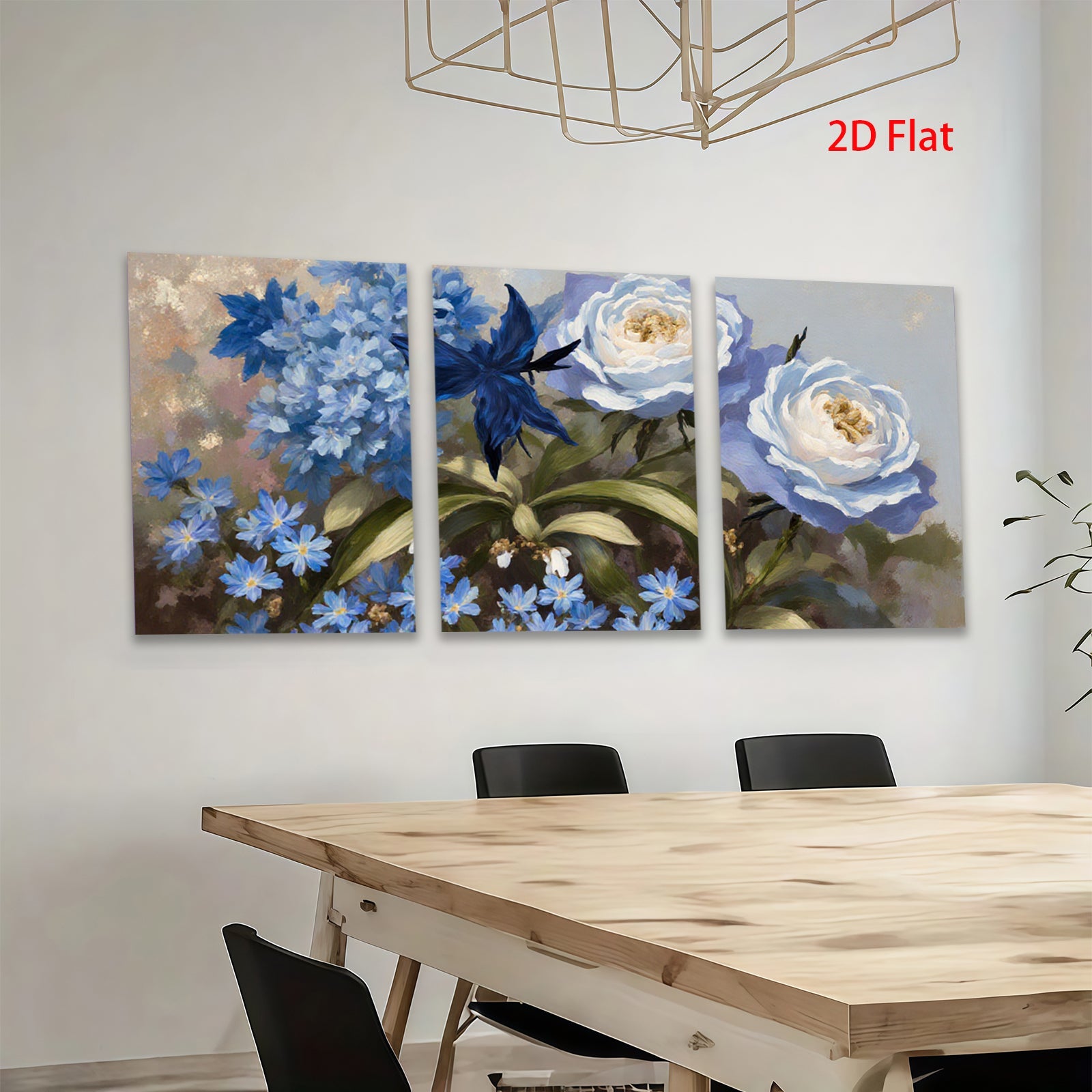 2D flat 1pc Blue Hydrangea Rose Botanical Wall Art Floral Home Decor Living Room Bedroom Office Canvas Prints Ready to Hang Modern Farmhouse Style