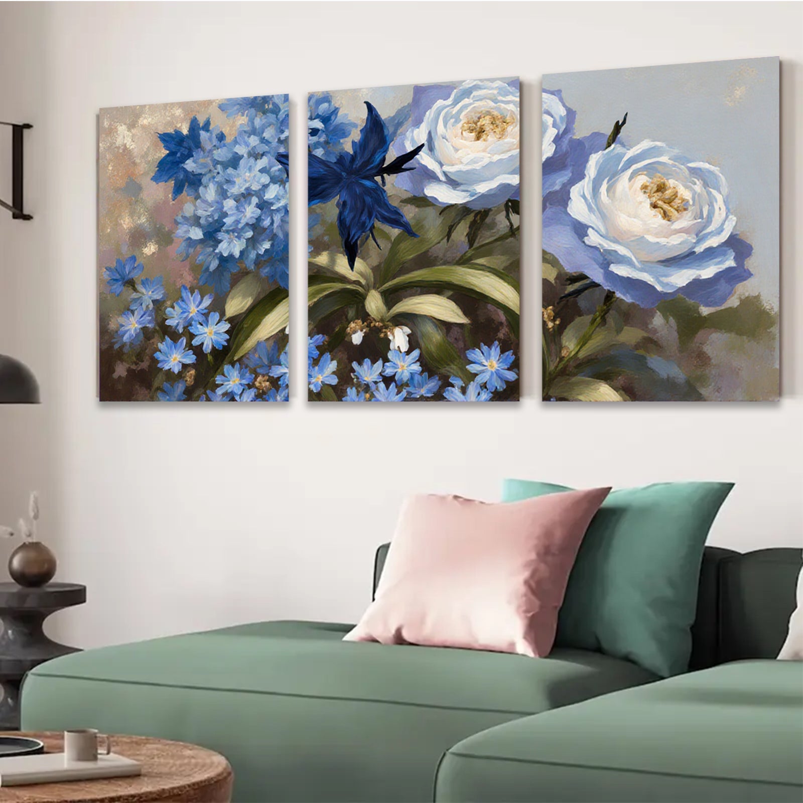 2D flat 1pc Blue Hydrangea Rose Botanical Wall Art Floral Home Decor Living Room Bedroom Office Canvas Prints Ready to Hang Modern Farmhouse Style