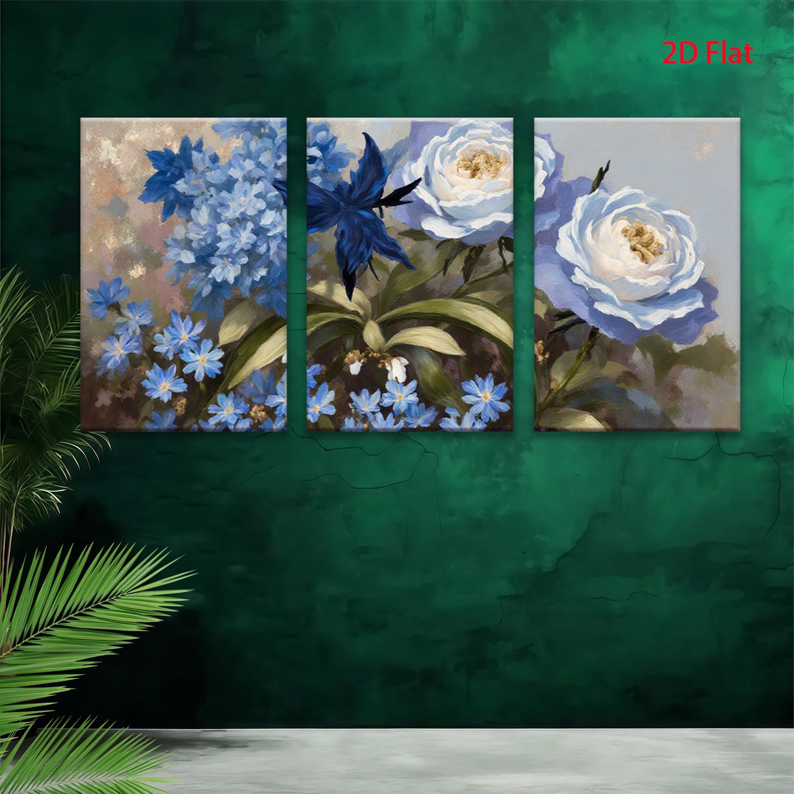 2D flat 1pc Blue Hydrangea Rose Botanical Wall Art Floral Home Decor Living Room Bedroom Office Canvas Prints Ready to Hang Modern Farmhouse Style