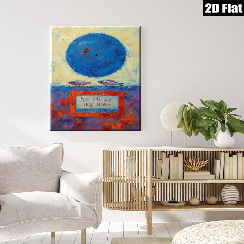 2D flat 1pc Blue Orb Fish Abstract Wall Art Canvas Painting Modern Farmhouse Decor Living Room Bedroom Office Gallery Wrapped Timeless Coastal Chic
