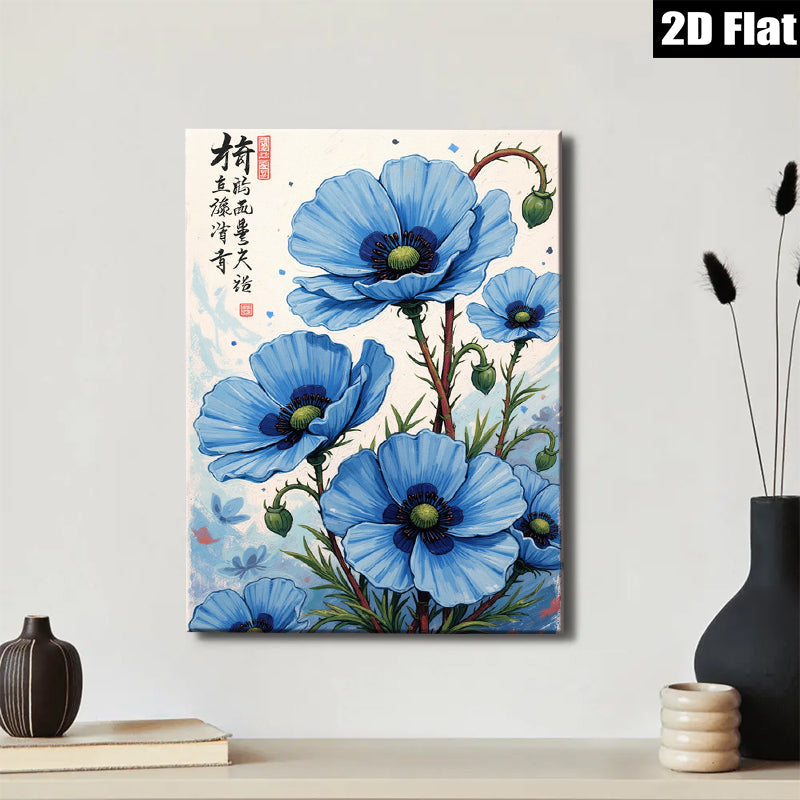 2D flat 1pc Blue Poppy Floral Wall Art Botanical Illustration Living Room Bedroom Home Decor Gallery Wrapped Canvas Prints Ready to Hang Farmhouse Style