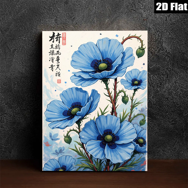 2D flat 1pc Blue Poppy Floral Wall Art Botanical Illustration Living Room Bedroom Home Decor Gallery Wrapped Canvas Prints Ready to Hang Farmhouse Style