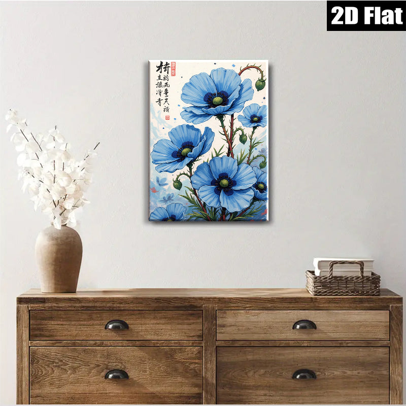 2D flat 1pc Blue Poppy Floral Wall Art Botanical Illustration Living Room Bedroom Home Decor Gallery Wrapped Canvas Prints Ready to Hang Farmhouse Style