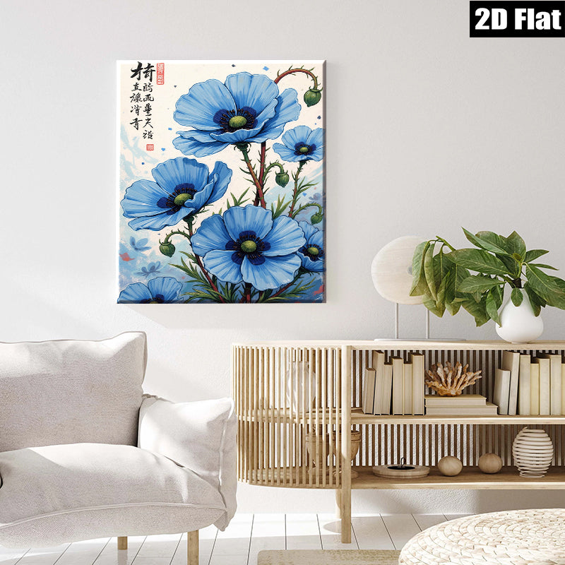 2D flat 1pc Blue Poppy Floral Wall Art Botanical Illustration Living Room Bedroom Home Decor Gallery Wrapped Canvas Prints Ready to Hang Farmhouse Style