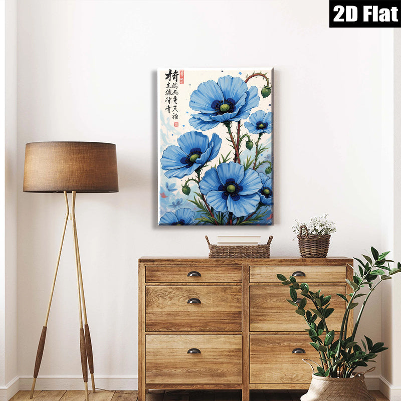 2D flat 1pc Blue Poppy Floral Wall Art Botanical Illustration Living Room Bedroom Home Decor Gallery Wrapped Canvas Prints Ready to Hang Farmhouse Style