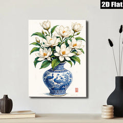 2D flat 1pc Blue Porcelain Vase with White Magnolia Blooms Botanical Wall Art for Living Room Bedroom Home Decor farmhouse style gallery wrapped canvas print