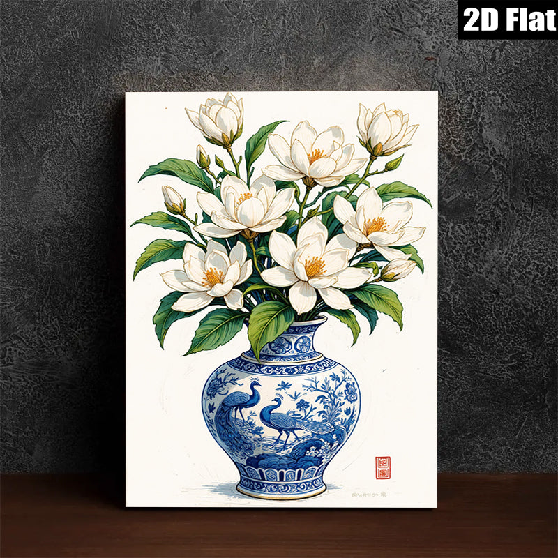 2D flat 1pc Blue Porcelain Vase with White Magnolia Blooms Botanical Wall Art for Living Room Bedroom Home Decor farmhouse style gallery wrapped canvas print