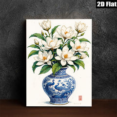 2D flat 1pc Blue Porcelain Vase with White Magnolia Blooms Botanical Wall Art for Living Room Bedroom Home Decor farmhouse style gallery wrapped canvas print