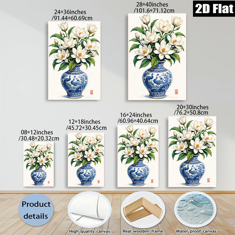2D flat 1pc Blue Porcelain Vase with White Magnolia Blooms Botanical Wall Art for Living Room Bedroom Home Decor farmhouse style gallery wrapped canvas print