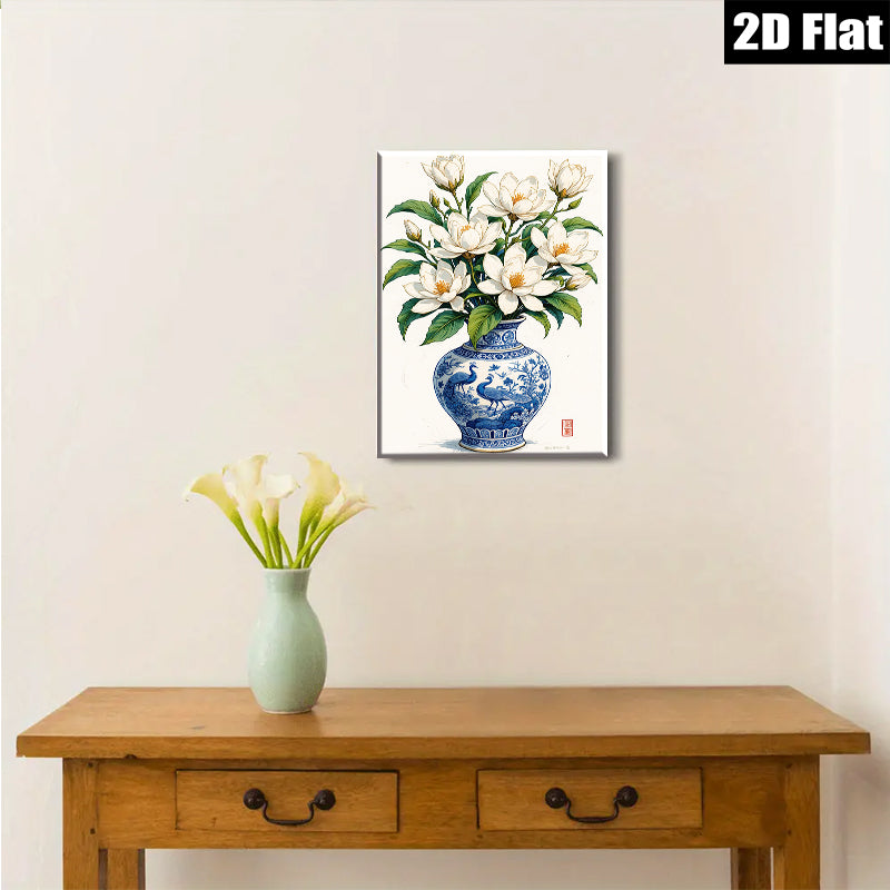 2D flat 1pc Blue Porcelain Vase with White Magnolia Blooms Botanical Wall Art for Living Room Bedroom Home Decor farmhouse style gallery wrapped canvas print