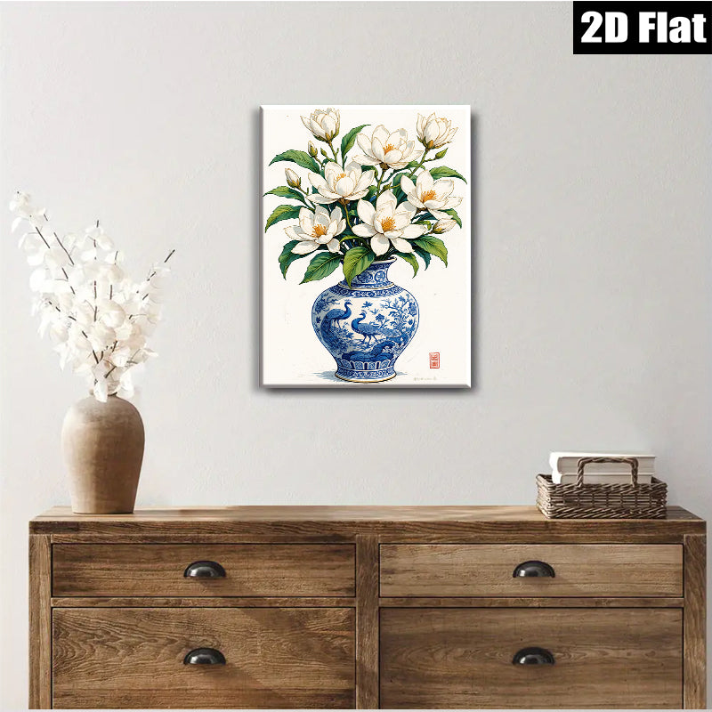 2D flat 1pc Blue Porcelain Vase with White Magnolia Blooms Botanical Wall Art for Living Room Bedroom Home Decor farmhouse style gallery wrapped canvas print