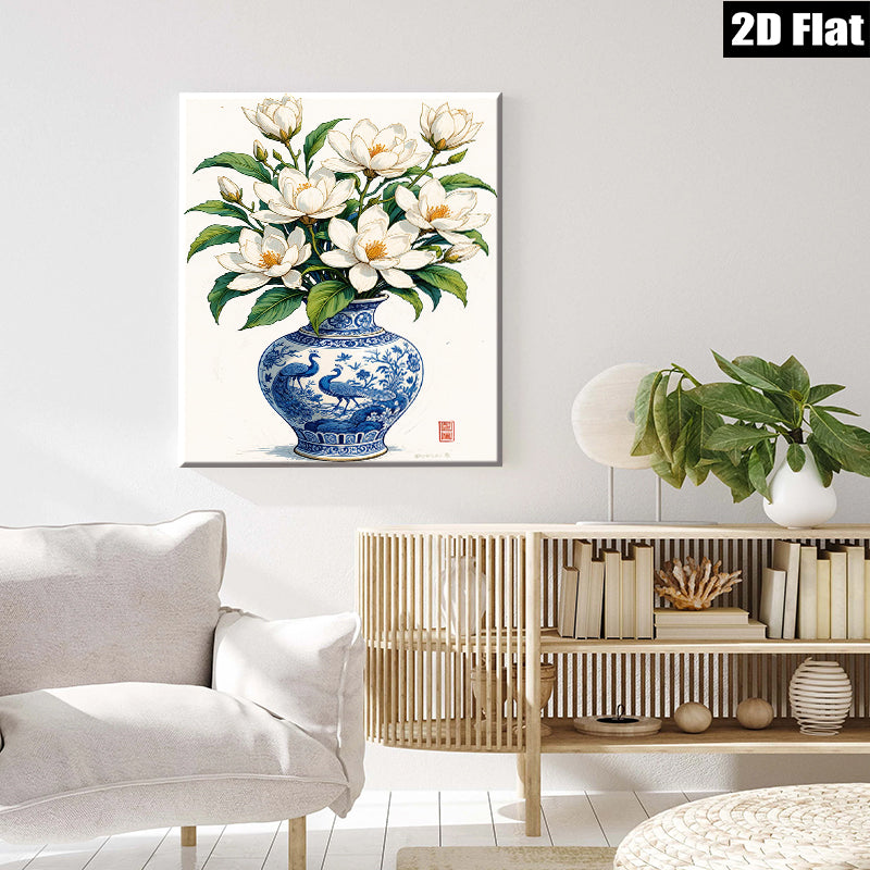 2D flat 1pc Blue Porcelain Vase with White Magnolia Blooms Botanical Wall Art for Living Room Bedroom Home Decor farmhouse style gallery wrapped canvas print