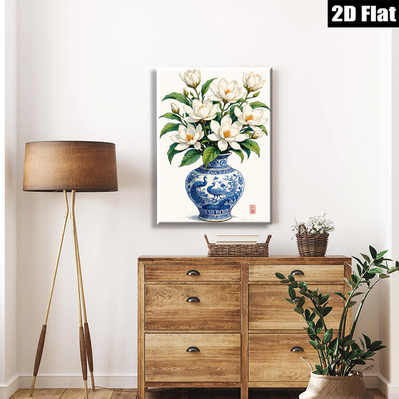 2D flat 1pc Blue Porcelain Vase with White Magnolia Blooms Botanical Wall Art for Living Room Bedroom Home Decor farmhouse style gallery wrapped canvas print