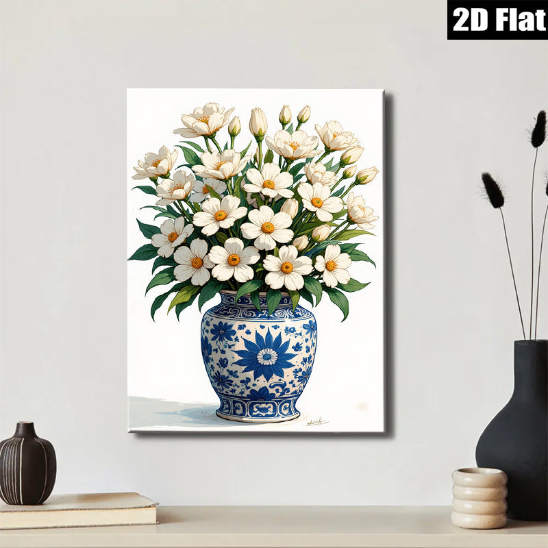 2D flat 1pc Blue Porcelain Vase with White Wildflowers Botanical Wall Art Living Room Bedroom Decor Farmhouse Style Gallery Wrapped Canvas Prints