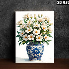 2D flat 1pc Blue Porcelain Vase with White Wildflowers Botanical Wall Art Living Room Bedroom Decor Farmhouse Style Gallery Wrapped Canvas Prints
