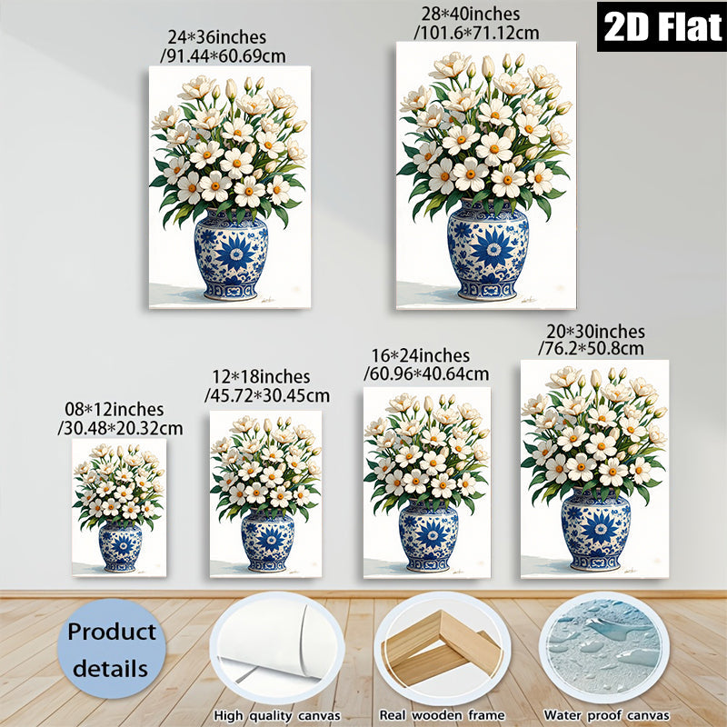 2D flat 1pc Blue Porcelain Vase with White Wildflowers Botanical Wall Art Living Room Bedroom Decor Farmhouse Style Gallery Wrapped Canvas Prints