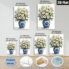 2D flat 1pc Blue Porcelain Vase with White Wildflowers Botanical Wall Art Living Room Bedroom Decor Farmhouse Style Gallery Wrapped Canvas Prints