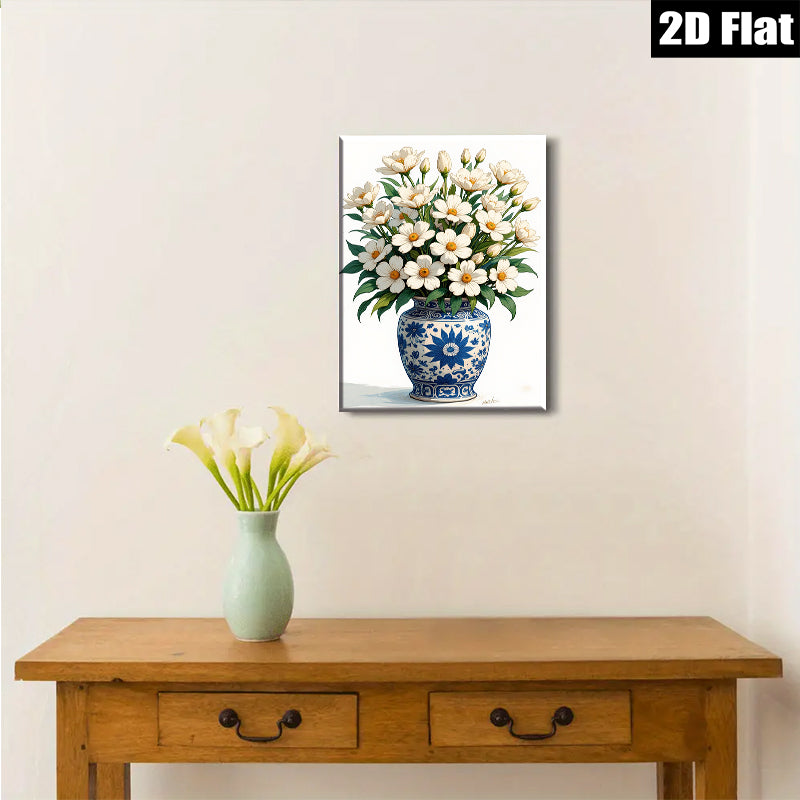 2D flat 1pc Blue Porcelain Vase with White Wildflowers Botanical Wall Art Living Room Bedroom Decor Farmhouse Style Gallery Wrapped Canvas Prints