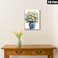 2D flat 1pc Blue Porcelain Vase with White Wildflowers Botanical Wall Art Living Room Bedroom Decor Farmhouse Style Gallery Wrapped Canvas Prints