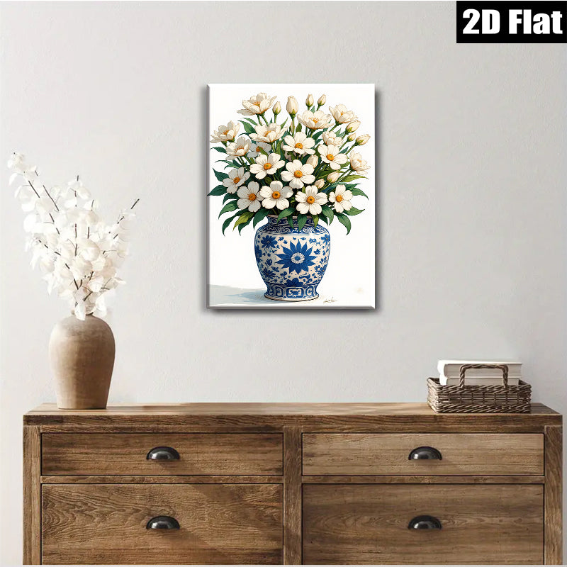 2D flat 1pc Blue Porcelain Vase with White Wildflowers Botanical Wall Art Living Room Bedroom Decor Farmhouse Style Gallery Wrapped Canvas Prints