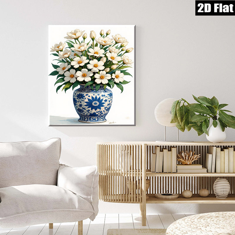 2D flat 1pc Blue Porcelain Vase with White Wildflowers Botanical Wall Art Living Room Bedroom Decor Farmhouse Style Gallery Wrapped Canvas Prints