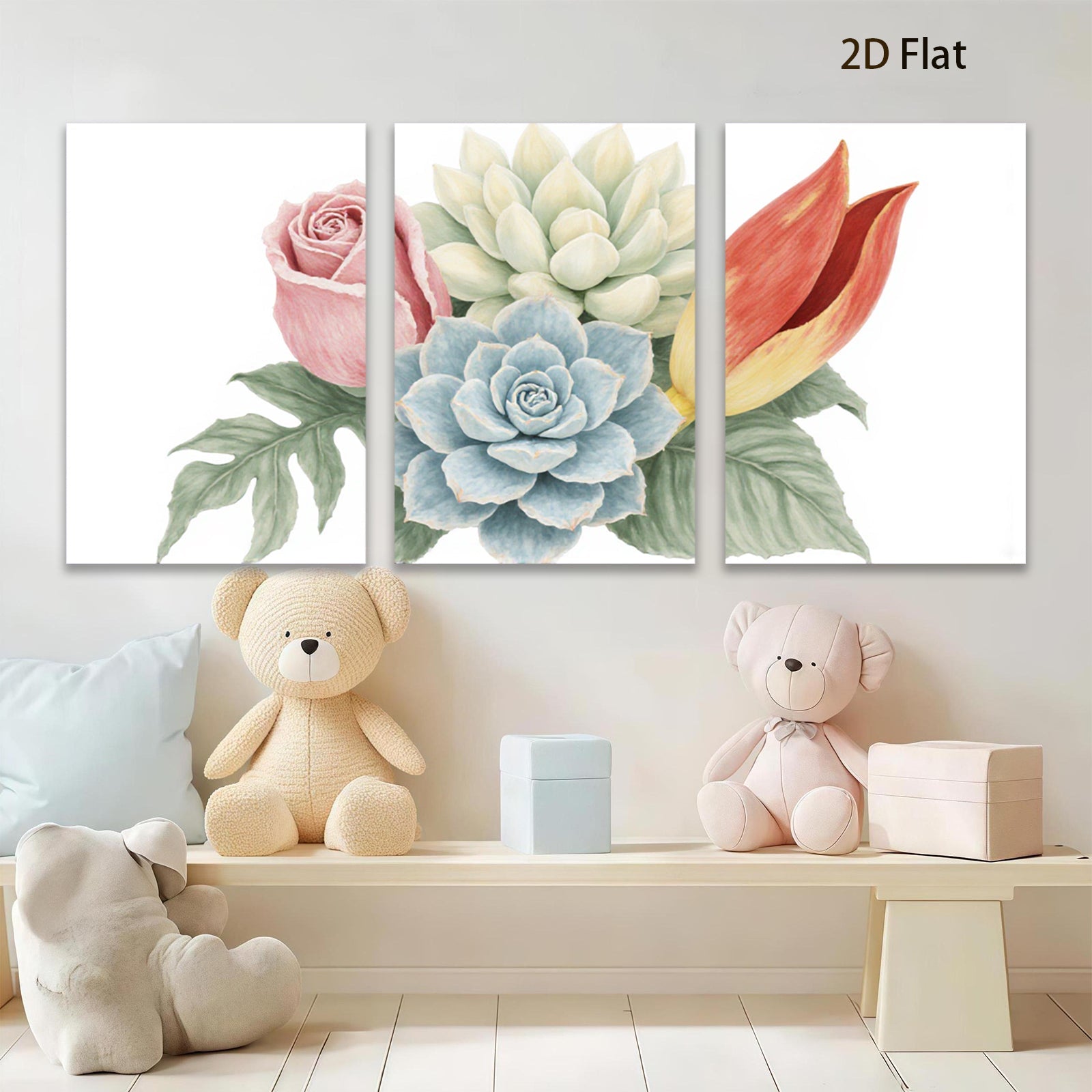 2D flat 1pc Blue Succulent Pink Rose Floral Wall Art Botanical Prints Living Room Bedroom Decor Farmhouse Style Gallery Wrapped Canvas Prints