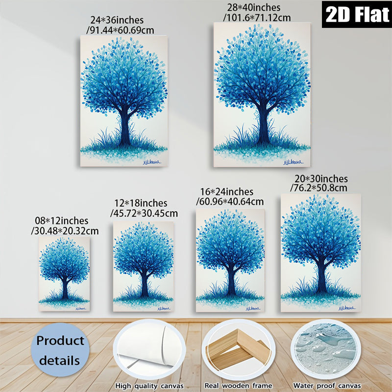 2D flat 1pc Blue Tree Pastoral Landscape Wall Decor for Living Room Bedroom Office Modern Farmhouse Aesthetic Gallery Wrapped Canvas Print Ready to Hang