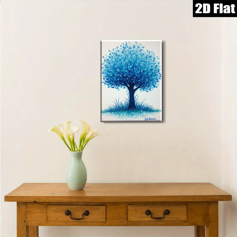 2D flat 1pc Blue Tree Pastoral Landscape Wall Decor for Living Room Bedroom Office Modern Farmhouse Aesthetic Gallery Wrapped Canvas Print Ready to Hang