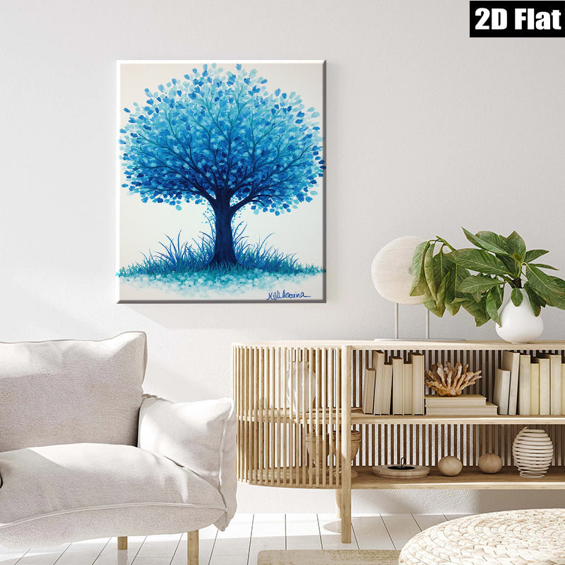 2D flat 1pc Blue Tree Pastoral Landscape Wall Decor for Living Room Bedroom Office Modern Farmhouse Aesthetic Gallery Wrapped Canvas Print Ready to Hang