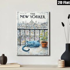 2D flat 1pc Blue cat rests by window botanical print wall art for living room bedroom farmhouse decor gallery wrapped canvas modern minimalist style