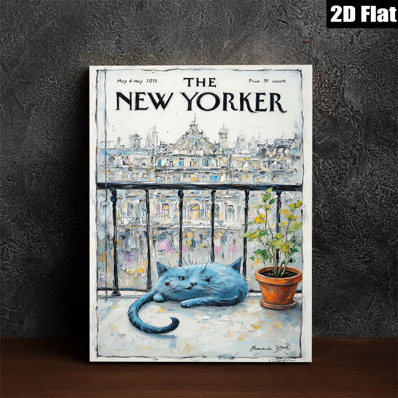 2D flat 1pc Blue cat rests by window botanical print wall art for living room bedroom farmhouse decor gallery wrapped canvas modern minimalist style