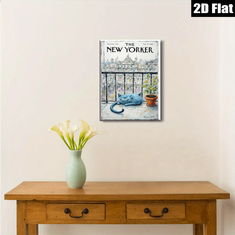 2D flat 1pc Blue cat rests by window botanical print wall art for living room bedroom farmhouse decor gallery wrapped canvas modern minimalist style
