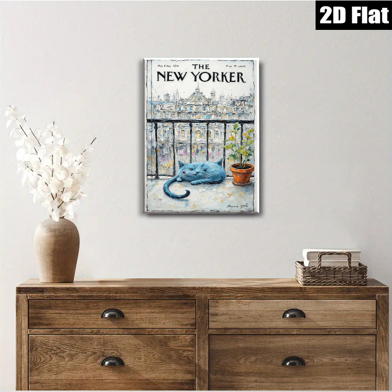 2D flat 1pc Blue cat rests by window botanical print wall art for living room bedroom farmhouse decor gallery wrapped canvas modern minimalist style