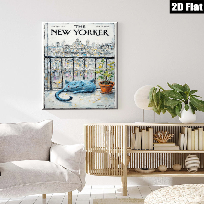 2D flat 1pc Blue cat rests by window botanical print wall art for living room bedroom farmhouse decor gallery wrapped canvas modern minimalist style