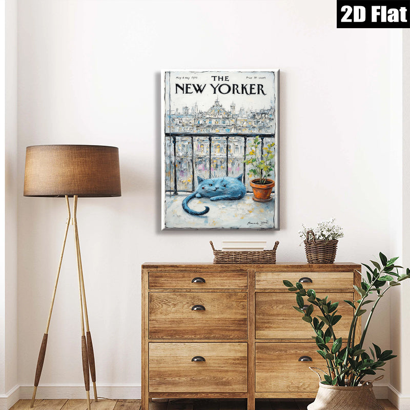 2D flat 1pc Blue cat rests by window botanical print wall art for living room bedroom farmhouse decor gallery wrapped canvas modern minimalist style